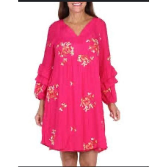 NWT Fig & Flower Anthropologie hot pink embroidered Ruffled sleeve lightweight D - Picture 1 of 8